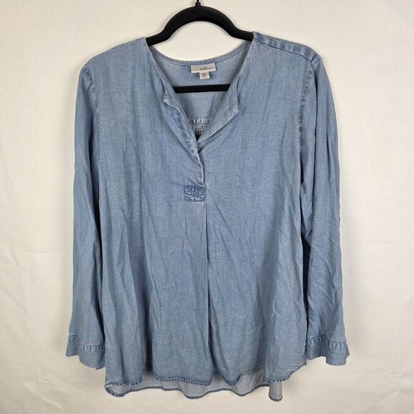 J. Jill Denim Chambray Wash Split Neck Popover Tunic Top Women’s Large Petite - Picture 1 of 6